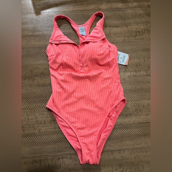 NWT Shade & Shore Ribbed Snap-Front High Neck One Piece Swimsuit - Coral M - Picture 3 of 6